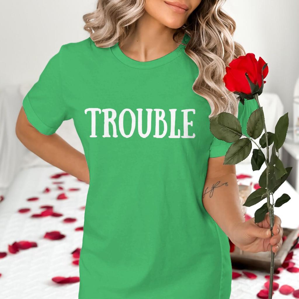 Valentines Day Tshirt Where I GoTrouble Print Funny Letter Graphic T Shirt Women Men Crewneck Y2K Tops Couple Matching Tshirt