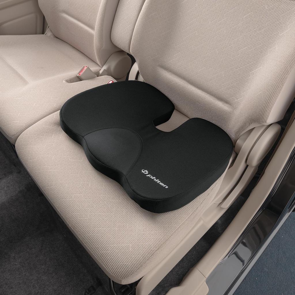 BONFORM Phiten Luxe Seat Cushion, 3D Hip Shape, Size: 450 x 350 x 65mm, Color: Black, Made with Aqua Titanium, Low Rebound, Anti-Fatigue, 5822-37BK