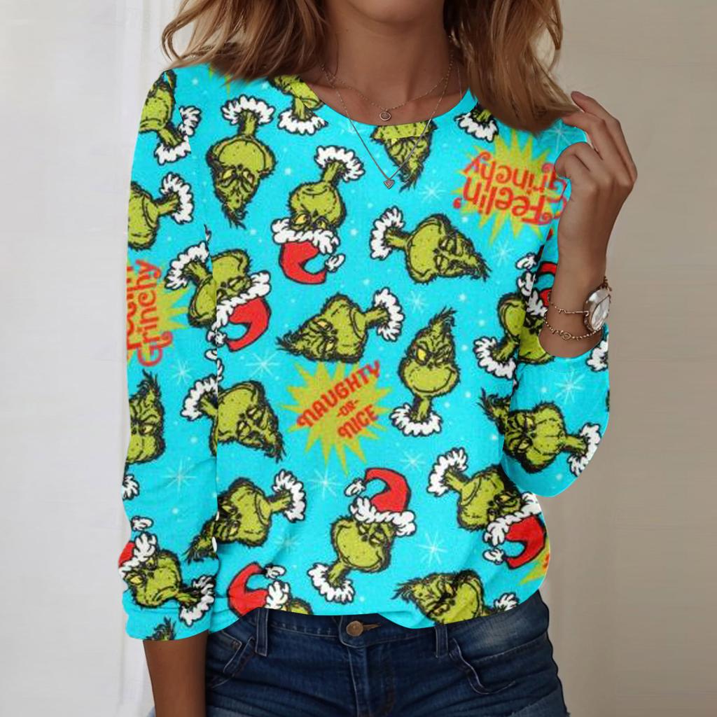 Damenmode, lässig, langärmelig, bedruckt, Rundhalsausschnitt, Pullover, Top, Bluse