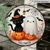 2D Flat, 1pc Halloween Metal Wall Art - Round Aluminum Sign with Whimsical Cat, Pumpkin, Bats & Cobwebs Design, Durable Outdoor/Indoor Decor for