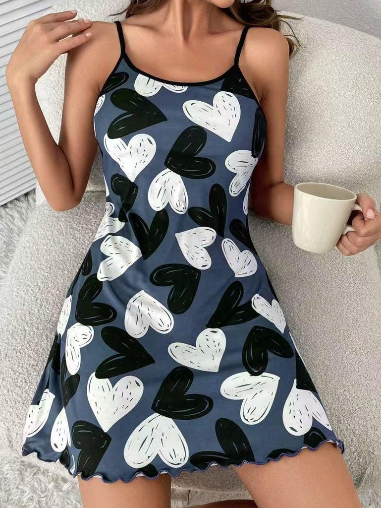 2025 Valentine's Day Red Heart Print Camisole Nightdress for Women