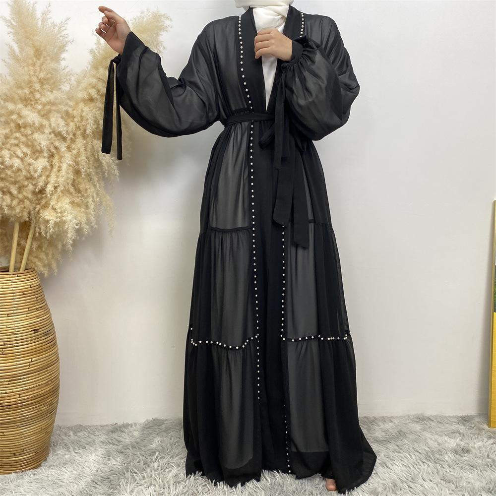 Muslimsk arabisk Türkiye Midtøsten Mote Elegant klarfarge perler muslimsk blonder Chiffon cardigan kappe