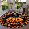 Spooky Halloween Skull & Pumpkin Round Mat - Soft Polyester, Non-Slip Backing, Machine Washable - Perfect for Living Room, Bedro