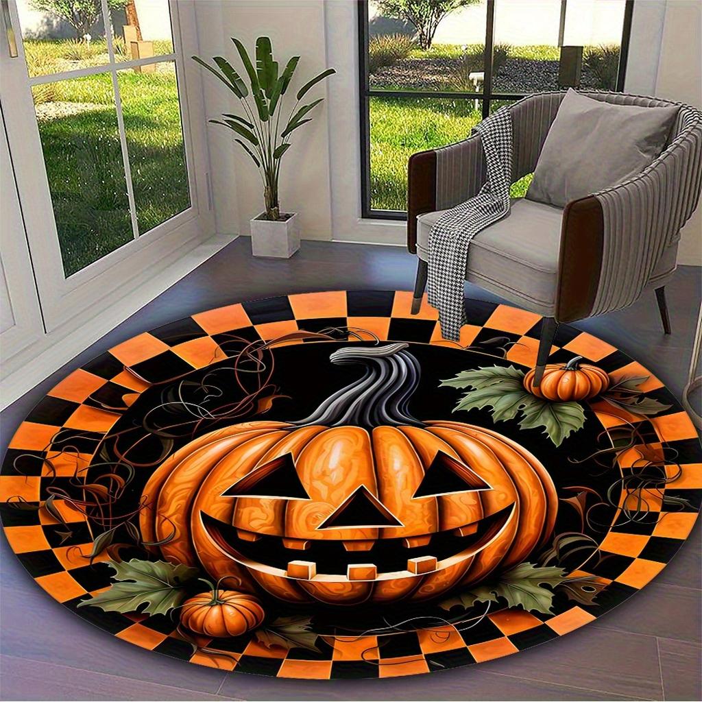 Spooky Halloween Skull & Pumpkin Round Mat - Soft Polyester, Non-Slip Backing, Machine Washable - Perfect for Living Room, Bedro