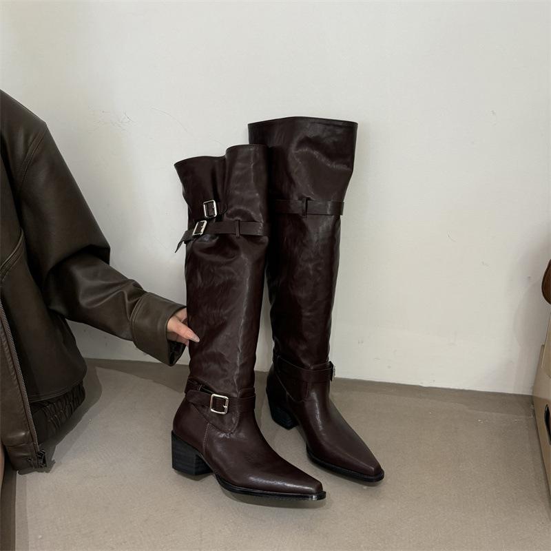Korean version of retro niche belt buckle two wear pile boots women 2025 autumn and winter new thick heel pointed knee boots