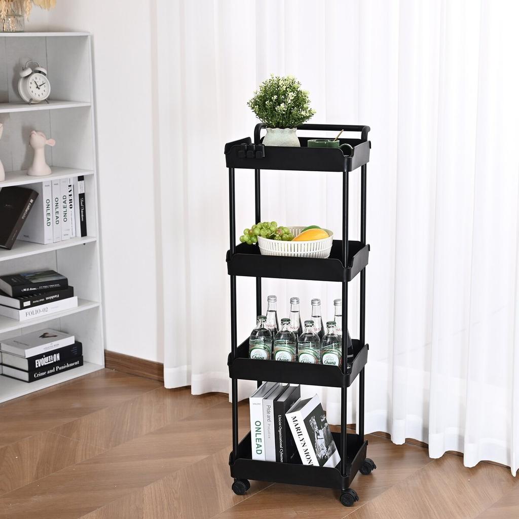 4-Tier Rolling Utility Cart, Kitchen Cart with Lockable Wheels, Multi-Functional Storage Trolley with Handle for Office, Living Room, Kitchen, Movable