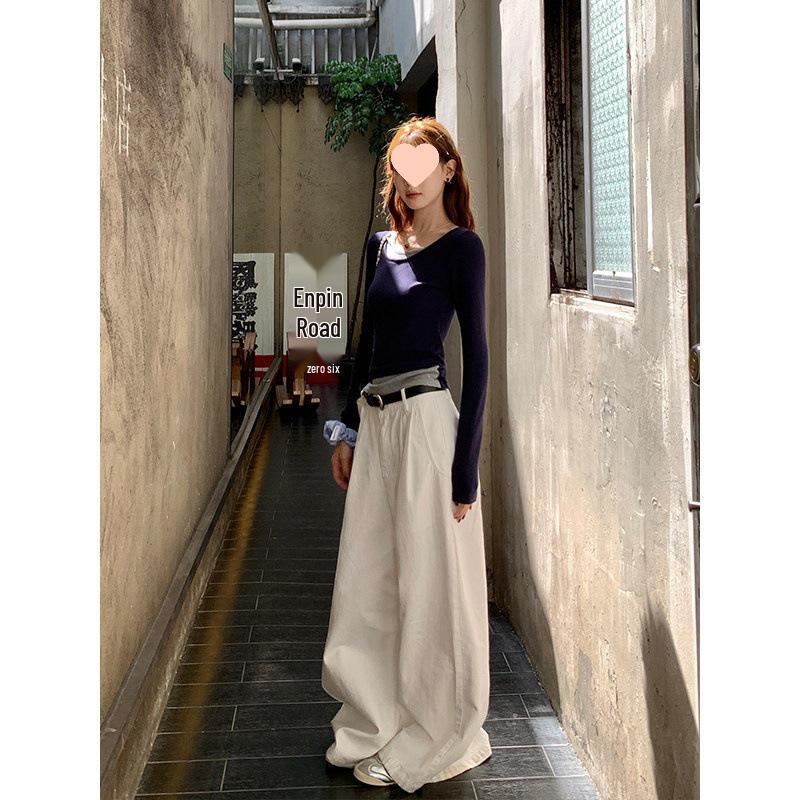 Women's Slim-Fit U-Neck Dark Blue Two-Piece Look Long-Sleeve T-Shirt - Korean Style Autumn