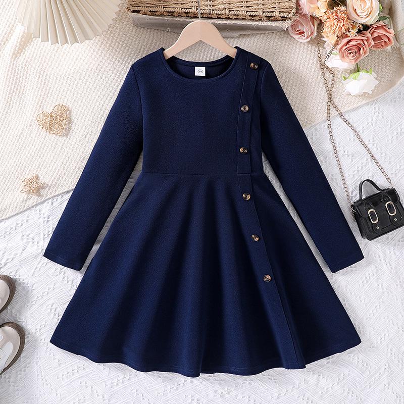 

Детское платье-принцесса с длинным рукавом и боковыми пуговицами - Осенне-зимний японский повседневный стиль для детей среднего и старшего возраста 10Y темно-синий