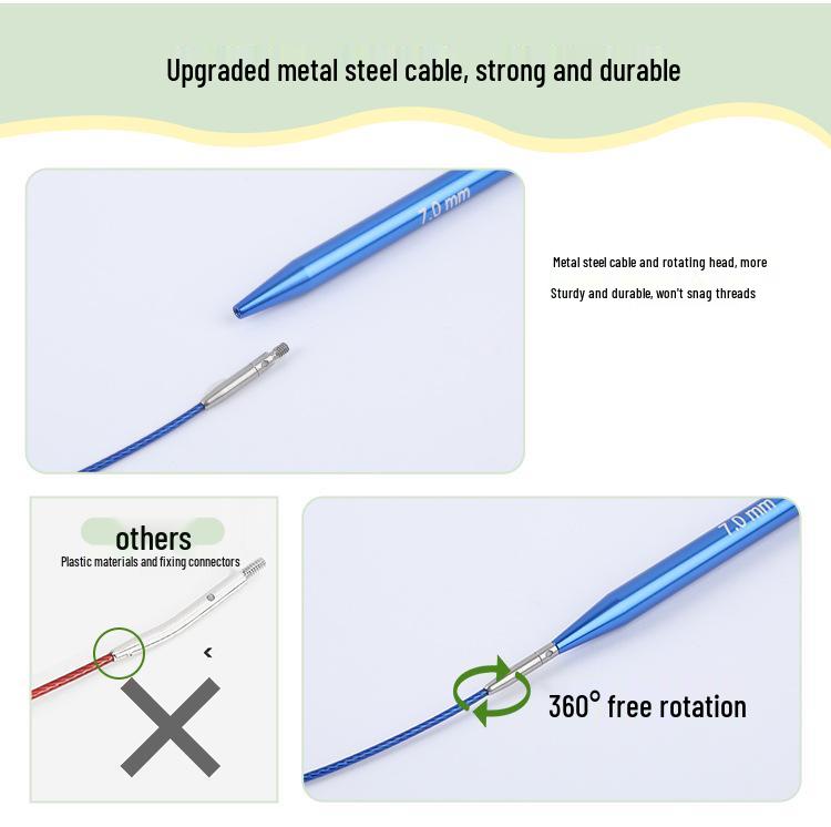 Blue Detachable Circular & Straight Knitting Needle Set with Replaceable Yarn Needles and Rope