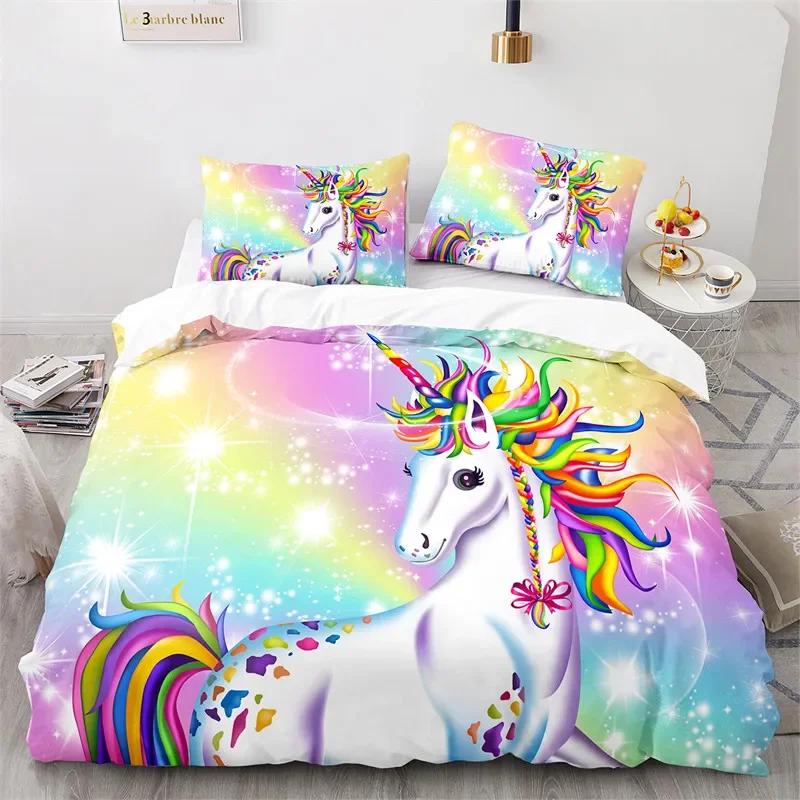Cartoon Unicorn Floral Rainbow Girl's Eyelash Comfortable Duvet Quilt Cover Pillowcase Bedding Set Children Bedroom Home Textile