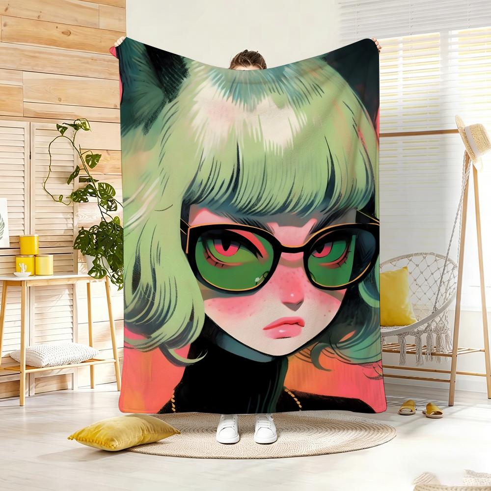 Artwork C-Cat Ear Girl Throw Lightweight 240g Flannel Blanket Soft Skin-friendly for Summer Cooling