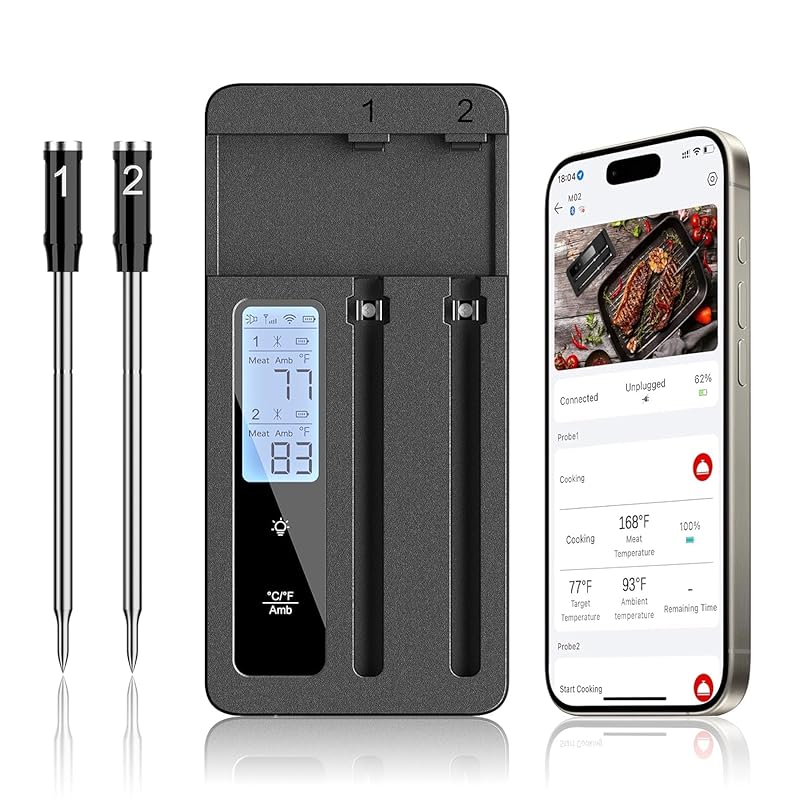 Smart Wireless Meat Thermometer with Dual Probes - Advanced Bluetooth Cooking Thermometer for Perfect Grilling, Smoking, Oven Roasting & Air Frying,