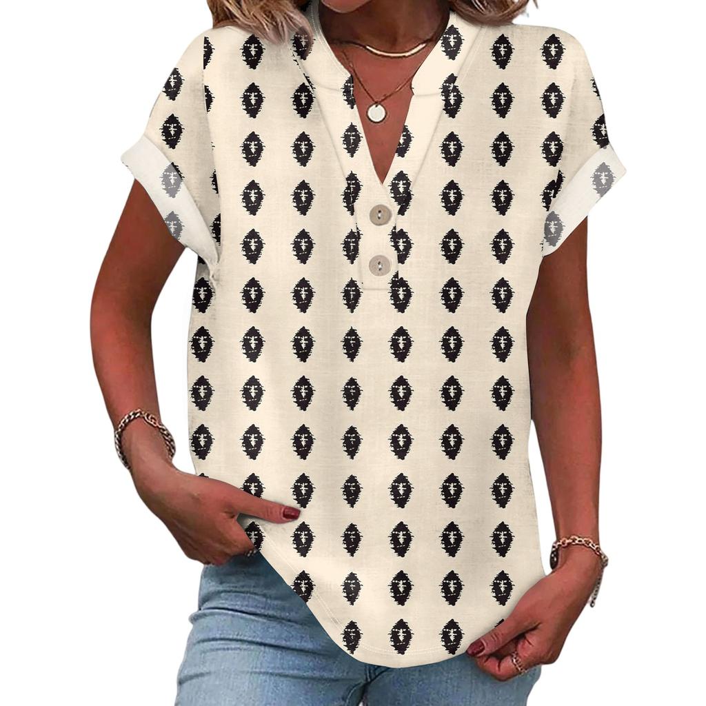 Ladies Casual Fashion V-Neck Button Floral Print Short Sleeve Top