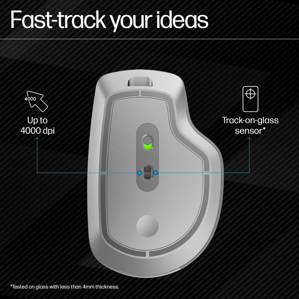 HP 930 Silver Bluetooth Mouse, Rechargeable, USB-C Charging, 3-Device Connection, 4-Way Scroll Wheel, 7 Programmable Buttons, Compatible with Mac,