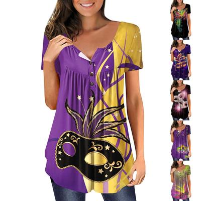 Women's Fashionable Casual Short Sleeve V-Neck Carnival Carnival Printed Button T-Shirt Top