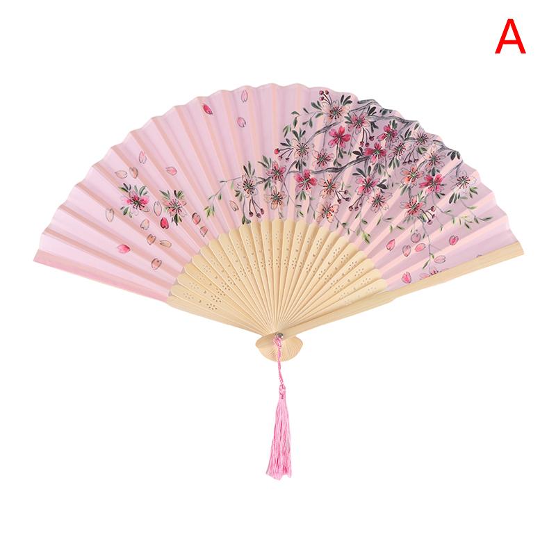 Vintage Printed Silk Folding Hand Fan Tassel Chinese Bamboo Fans Women Dance Performance Props Home Decoration Ornaments