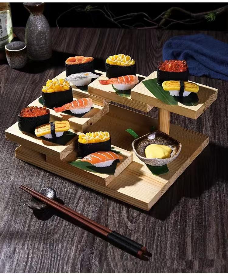 Artistic Wooden Tiered Platter for Sushi, Barbecue, and Hot Pot - Creative Restaurant Tableware Dish Plates