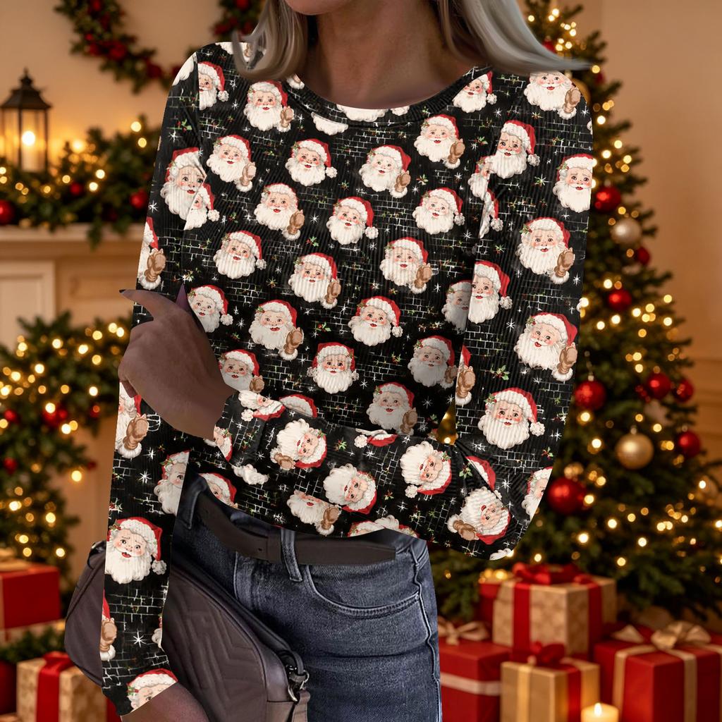 Women's Casual Christmas Print Long Sleeve Top for Holiday Party and Everyday Wear