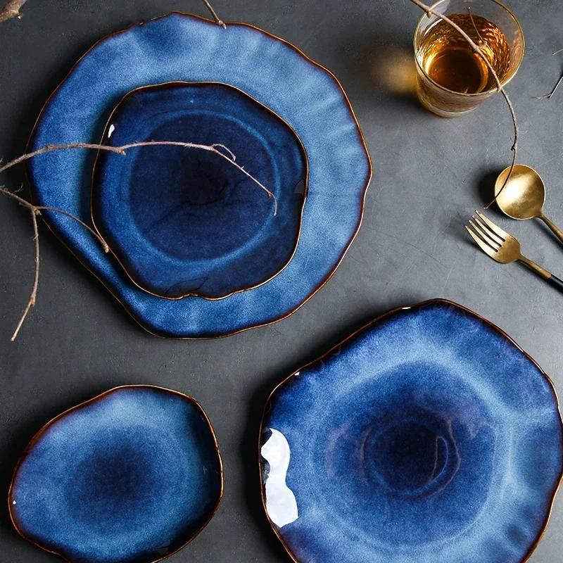 BEPAN Piatti in Ceramica Blu Scuro Piatto Piatto Irregolare Piatto di Porcellana Decorazione Domestica Stoviglie Vassoio per Stoviglie Forniture per Cucina Hotel