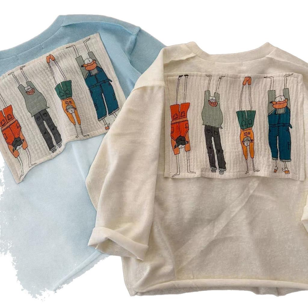 Kids Summer Lightweight Long Sleeve Ice Silk T Shirt with Soft Cartoon Applique for Boys and Girls
