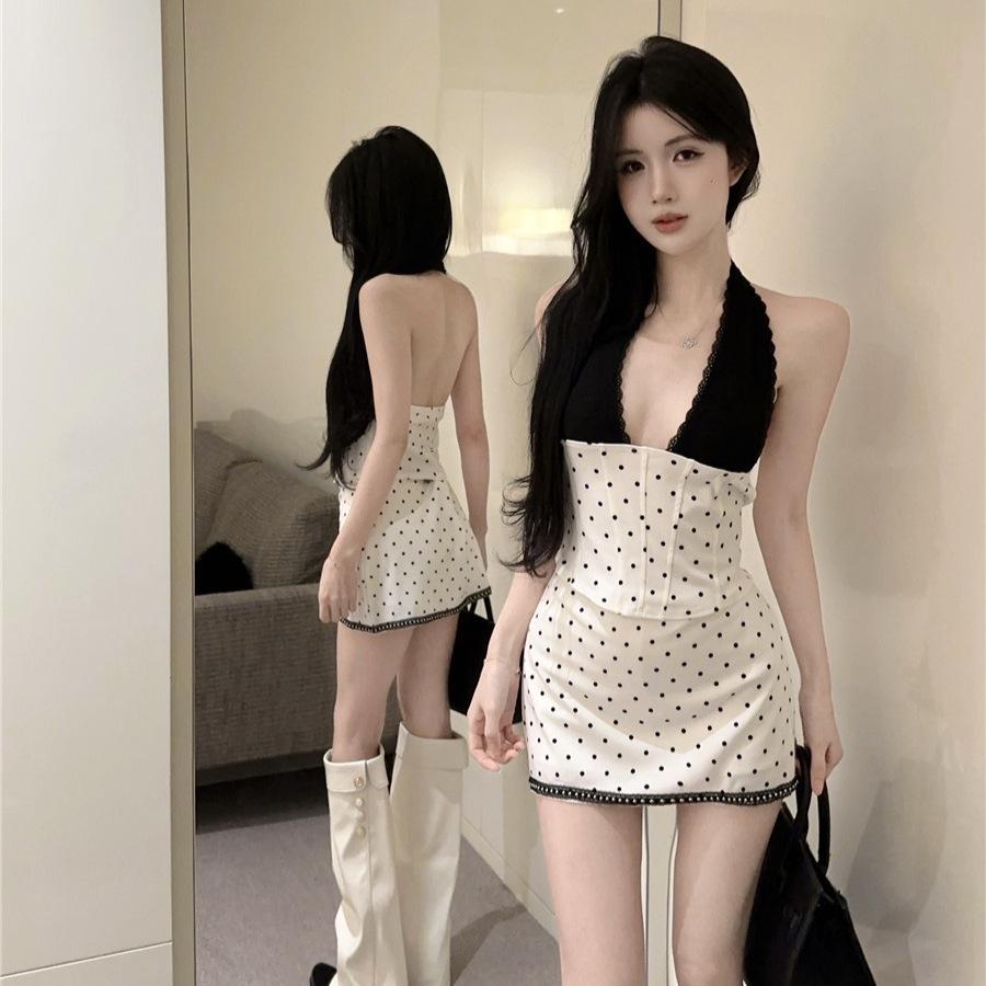 Korean Beautiful and Unique Neck Lace Suspender Top Polka Dot Skirt Two-piece Set Ootd Wear New Models
