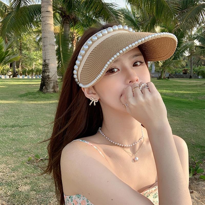 Women'S Summer New Fresh Beach Hat With Pearls Open Top Sun Hat Fashionable Raffia Straw Hat