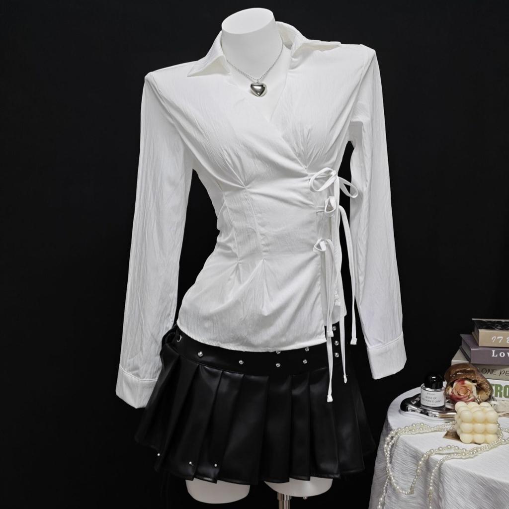 Women's Casual Top, Versatile, Elegant, Waist Cinching Design, Solid Color Women's Shirt