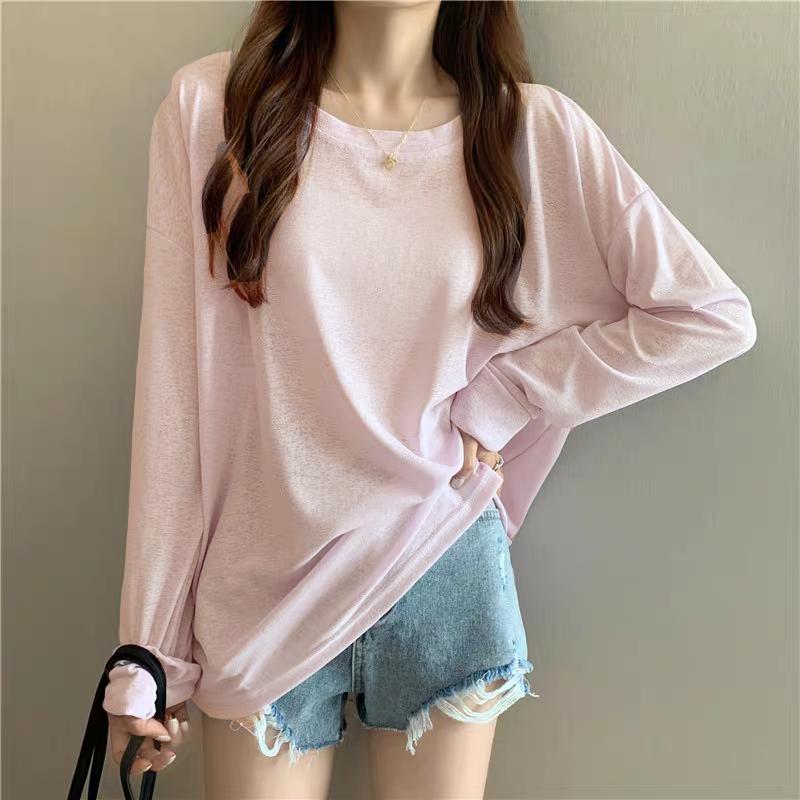 Summer Solid Long Sleeve T-shirts Women's Casual Loose Thin Slightly Transparent Sun Protection Cover Tops Tees Female