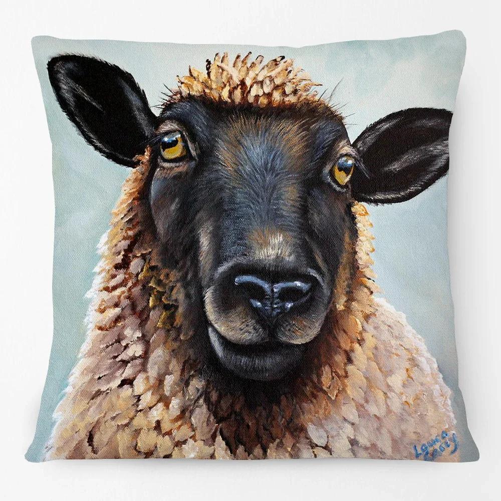 Oil Painting Farm Animals Poster Cushion Cover Cow Sheep Goat Rustic Style Home Decorative Square Pillow Case