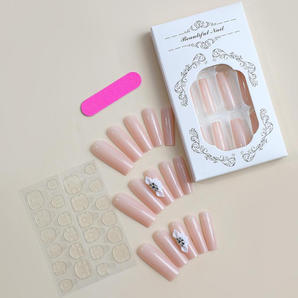 Rhinestone Flower Solid Color Wearable Nail Tips - Finished Faux Manicure Nails