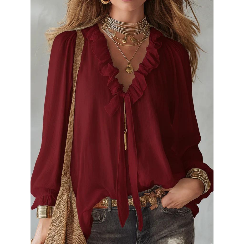 Damen Sommer Weißes Hemd Einfach Locker V-Ausschnitt Mode Uni Rüschen Spleißdesign Langarm Top Lässig Schnürung Blusen Damen
