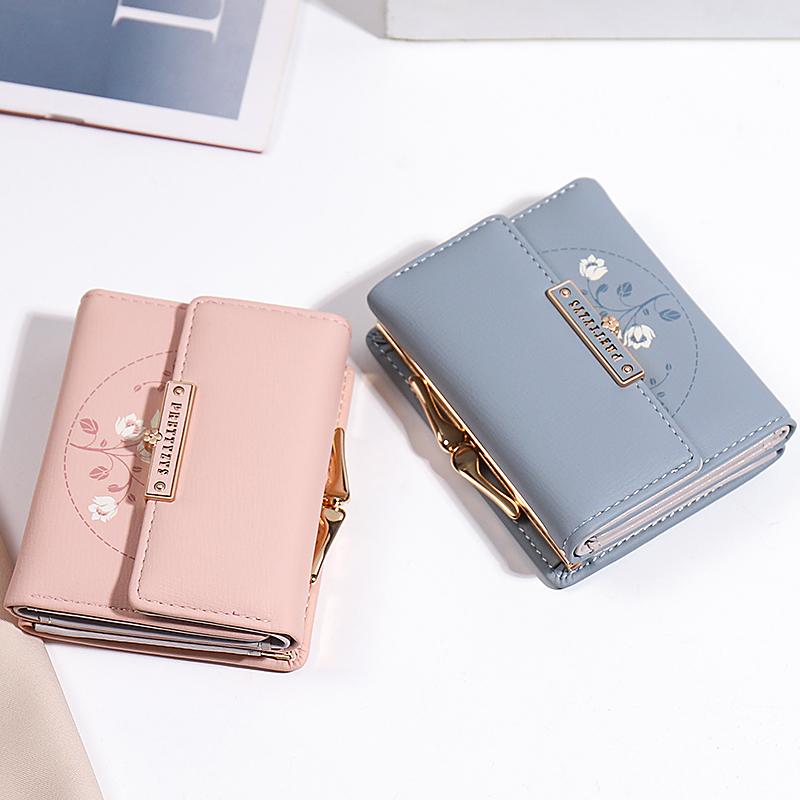 Purse women's summer new Korean PU printed buckle 3 fold bag simple all-in-one short women's money clip multi-card folding flap