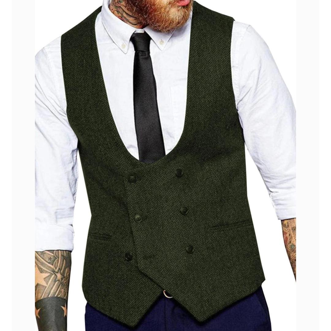 

Men Vest Army Green Herringbone Solid Double Button Waistcoat For Wedding Banquet Business Work Casual Daily Men Suit Vest L армія зелений колір
