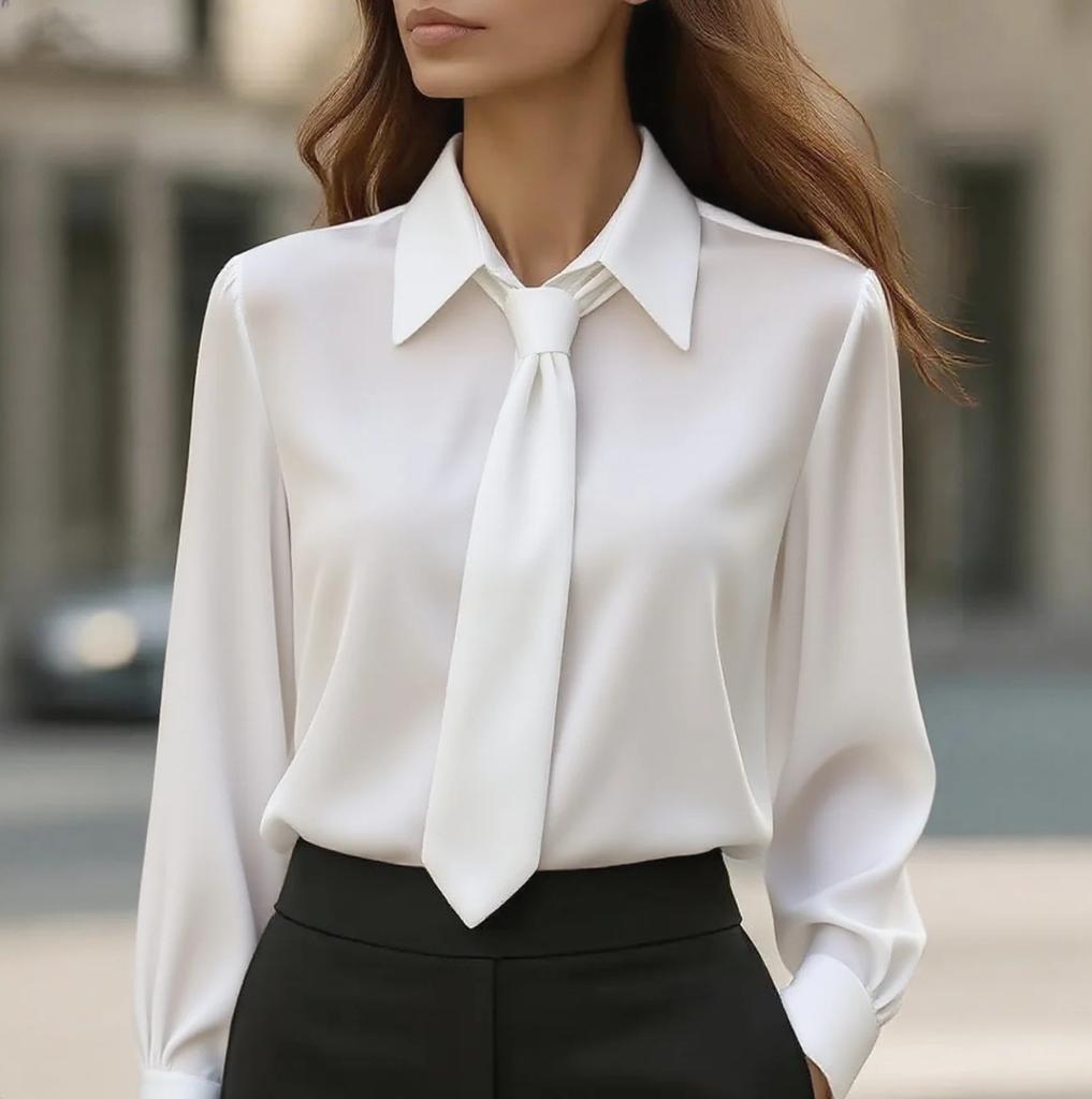 Women's Tie Decor Point Collar Long Sleeve Blouse Solid Color Satin French Style Shirt For Office Commute Wear