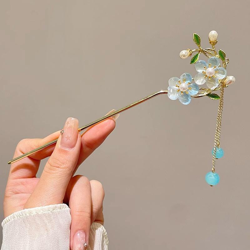 Classic Chinese Double Flower Hair Stick Pins for Women Flower Beaded Tassel Handmade Hairpins Jewelry Accessories Hair Ornament синий