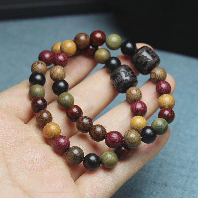 8mm Multi-Color Sandalwood Bead Bracelet Black Ebony Six-Word Motto Barrel Beads Buddhist Prayer Beads