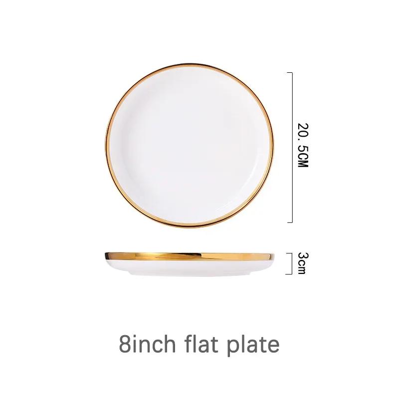 Gilt Rim White Porcelain Dinner Tray Food Dishes Rice Salad Noodles Bowl Ceramic Plates Bowls Kitchen Plates Ceramic Tableware