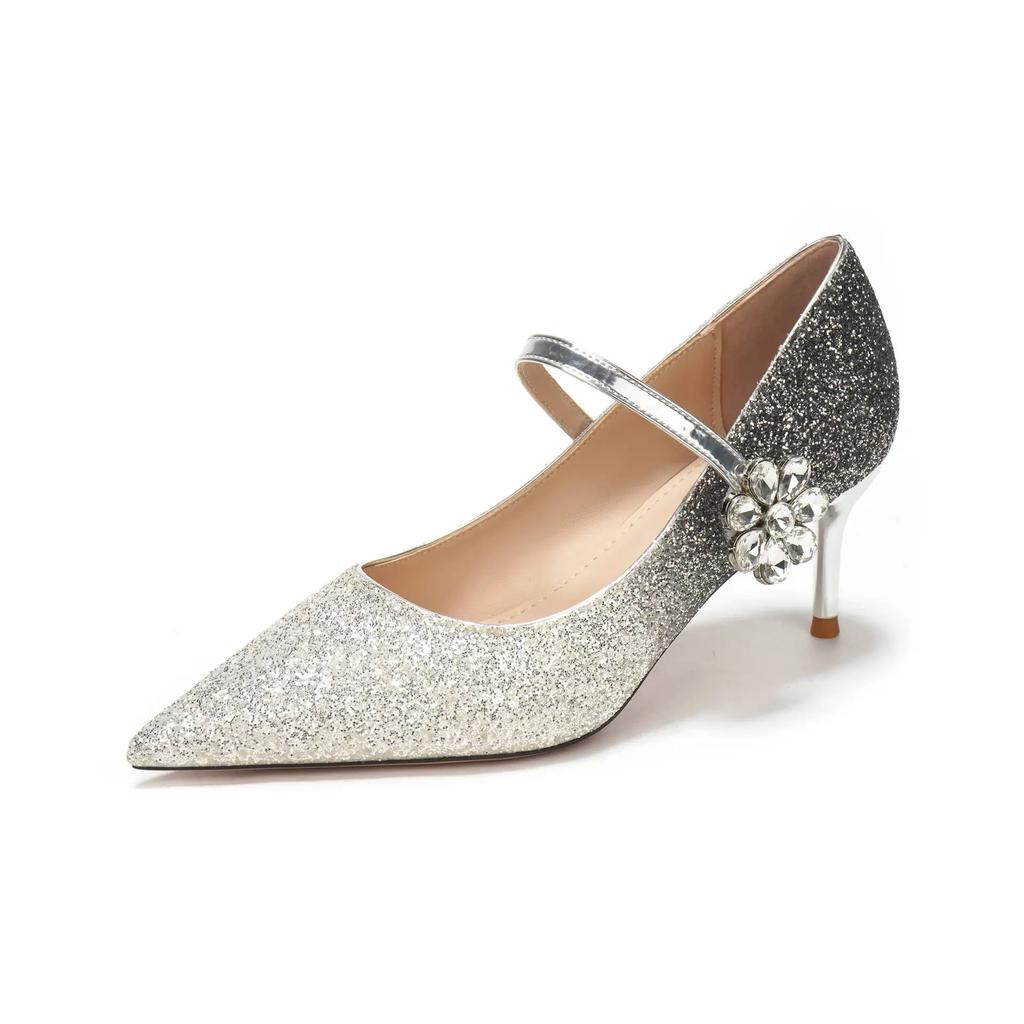 Luxury Ladies Pumps Banquet Wedding Shoes Pointed Toe Sequins Rhinestone Flowers Stiletto High Heels Single Shoes for Women