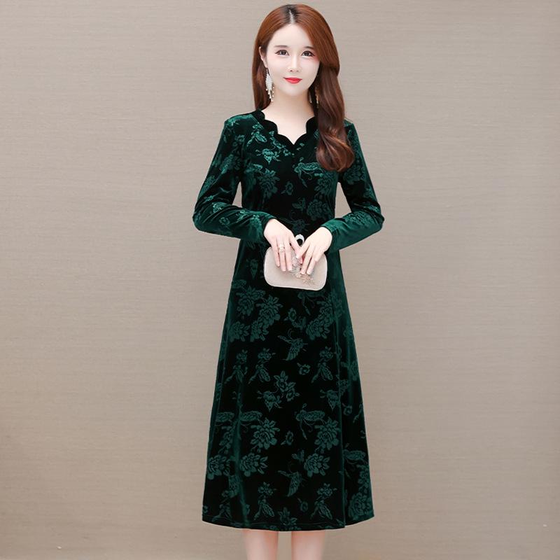 

2022 Платье миди из золотого бархата больших размеров для женщин среднего возраста - Осенний стиль с длинным рукавом 6XL зелёный