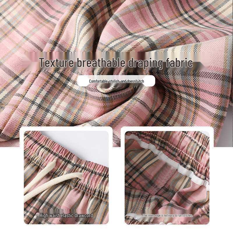 Petite Retro Pink Plaid Wide-Leg Pants, 150cm