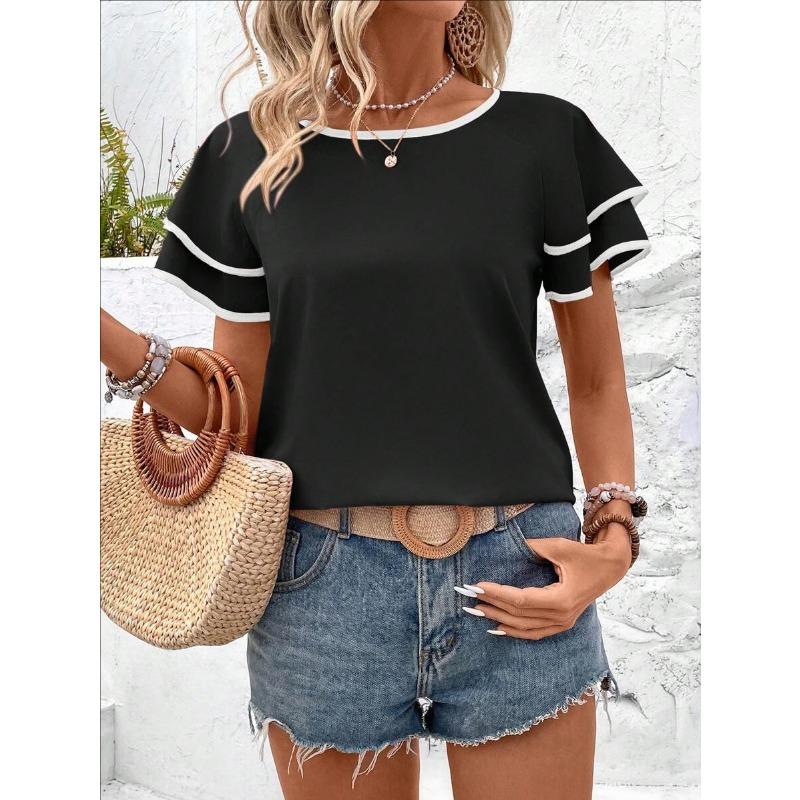 Women Elegant Ruffled Sleeve Color Block Loose Round Neck Short Sleeve Top
