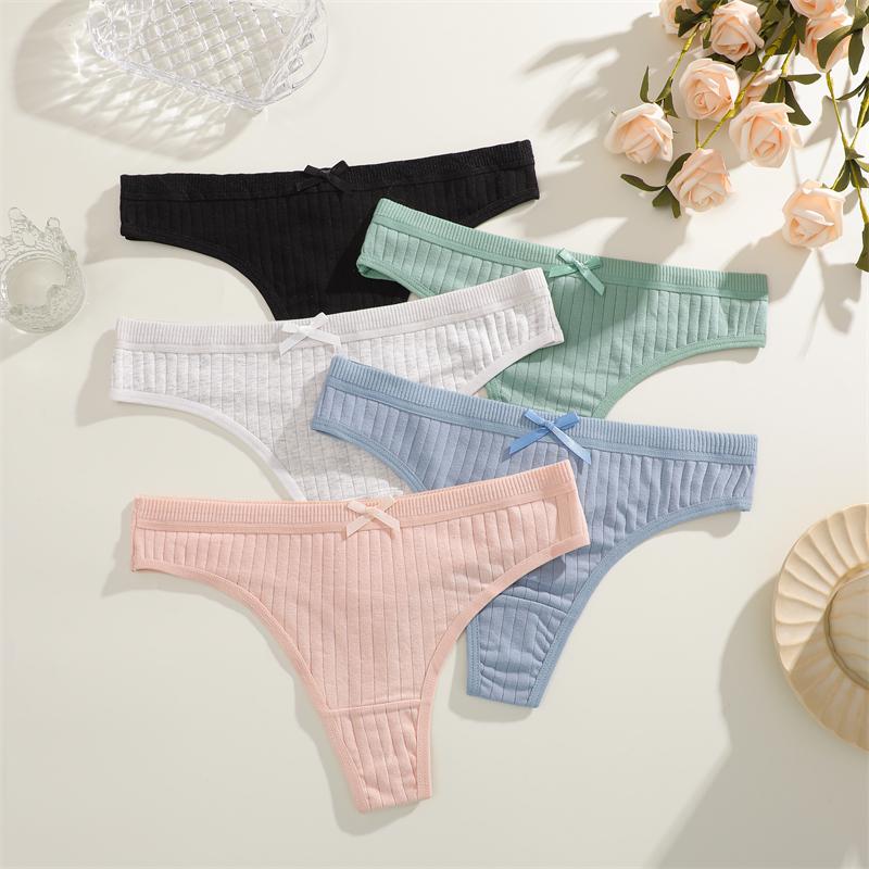 Duży Rozmiar 3 Szt. Damskie Bawełniane Stringi Seksowne Prążkowane Oddychające Majtki Codzienna Urocza Bielizna z Kokardką Dziewczęca Niska Talia G-String Lingerie