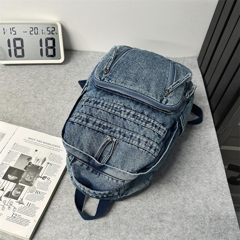 Denim Backpack Large Capacity Student Schoolbag Travel Commuter Backpack