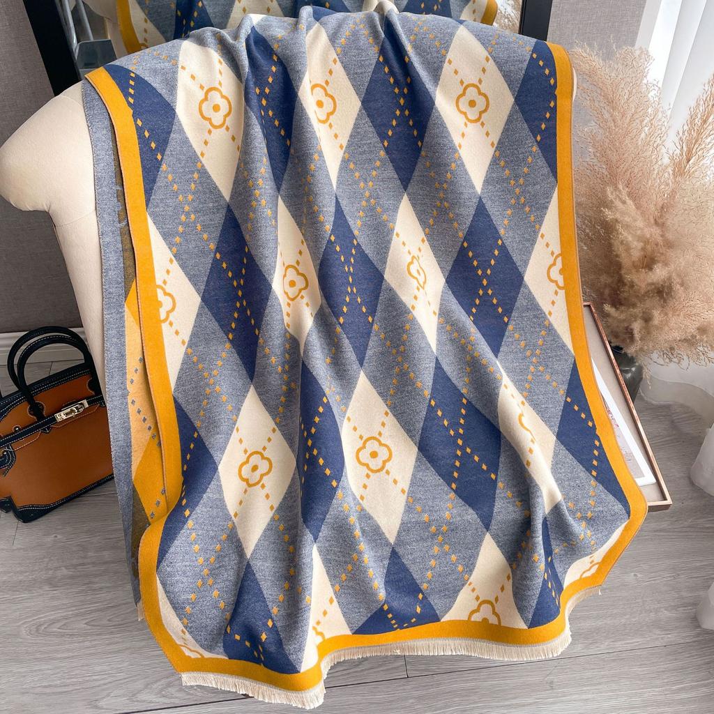 Fashion Imitation Cashmere Scarf Women'S Winter Korean Version Rhombus Flower Temperament Warm Scarf Windproof And Cold Shawl