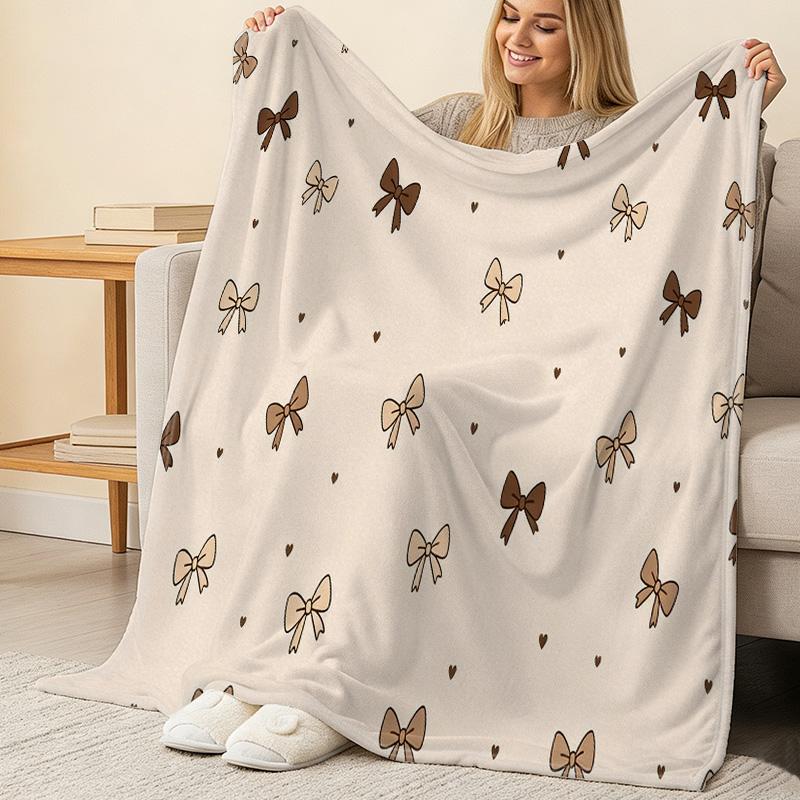 Soft Flannel Fleece Blanket with Bow Detail – Warm, Skin-friendly, No-Shed Single Bed Throw for Home, Christmas & Halloween Use
