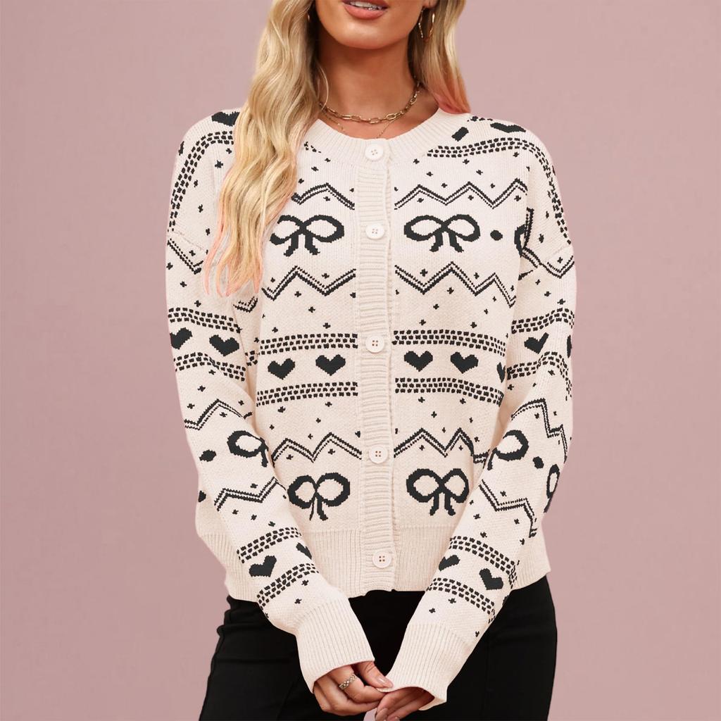 Women's Fashionable Round Neck Long Sleeved Heart-shaped Contrasting Button Casual Sweater Jacket
