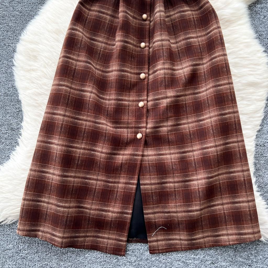 Herbst Winter Damen Vintage V-Ausschnitt Kariert Einreihig Lang Midi Tweed Tank Kleider mit Gürtel