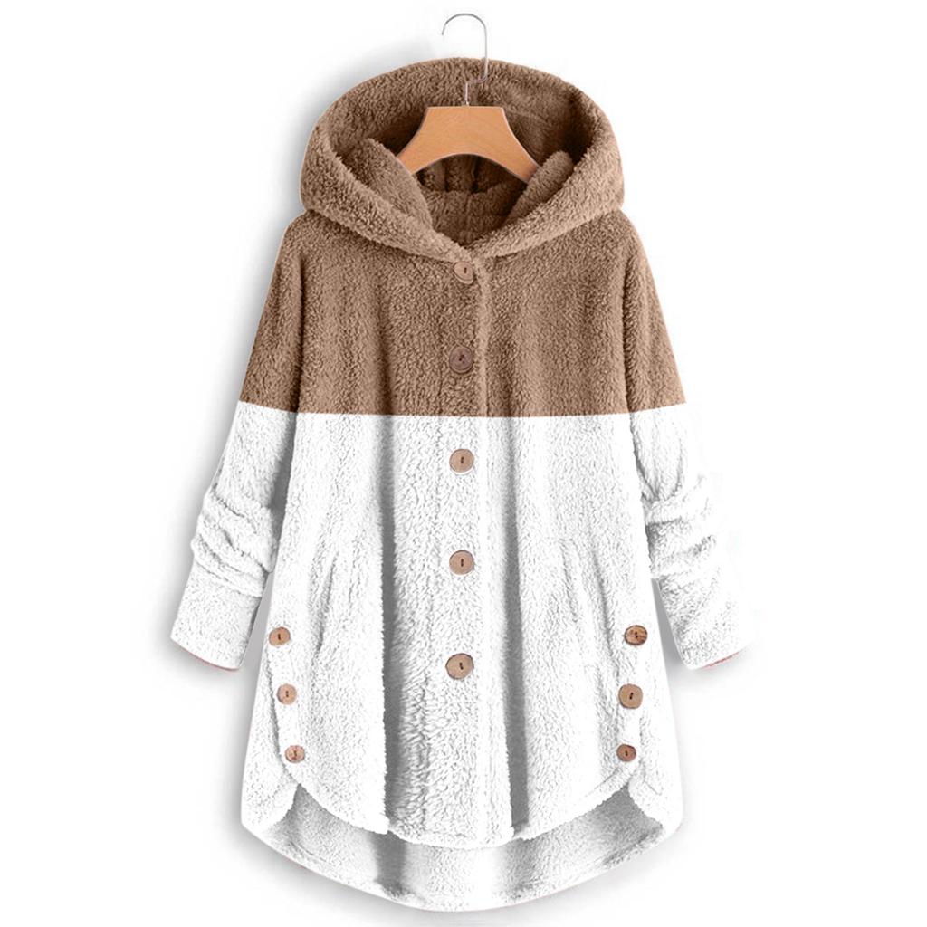 Women's Fashionable Patchwork Loose Hooded Plush Button Long Sleeved Loose Warm Jacket