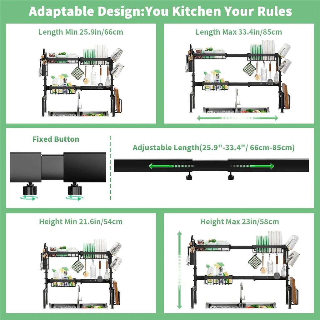 Telescopic Over-The-Sink Dish Drying Rack, No-Tool Installation Expandable Tableware Storage Rack for Kitchen Organization