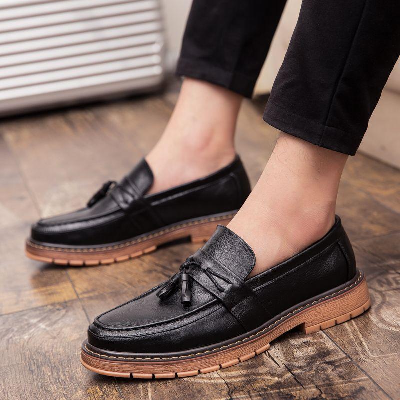 Thick Sole Platform Round Toe Men's Leather Shoes with Tassels Office Loafers Male Casual Shoe Slip-on Retro Sale New In Social